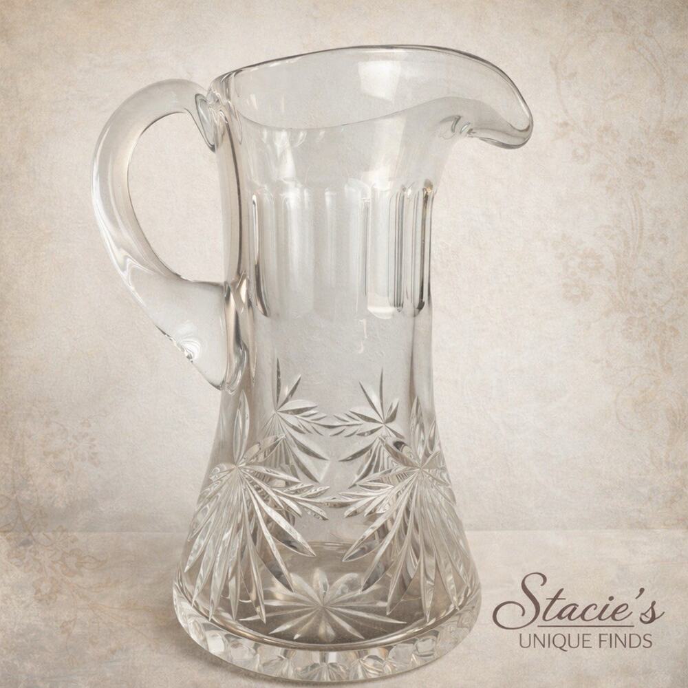 VTG ABP Crystal Lead Clear Hand Cut Hobstar Pitcher Starburst Pattern Barware